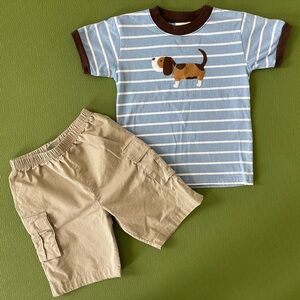 Boys Striped Blue Dog T-Shirt and Tan Cargo Shorts Set - Luigi Kids